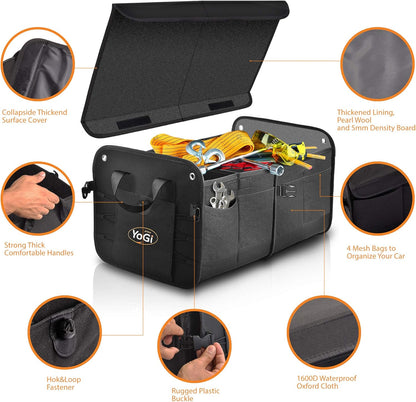 YoGi Prime Car Trunk Organizer with Foldable Lid, Collapsible Car Trunk Storage Organizer, Car Cargo Trunk Organizer with Cover, Accessories that give You The Most Storage Space Possible